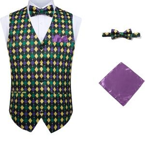 Men's Diamond Pattern Vest and Bow Tie Set